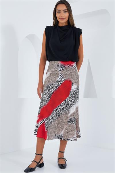 Kırmızı Siyah Desenli Saten Etek 15806