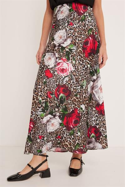 Kırmızı Siyah Desenli Saten Etek 15877