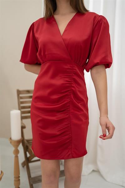 Kırmızı V Yaka Kısa Saten Elbise