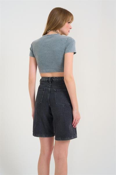 Kısa Bisiklet Yaka Tişört - Gri