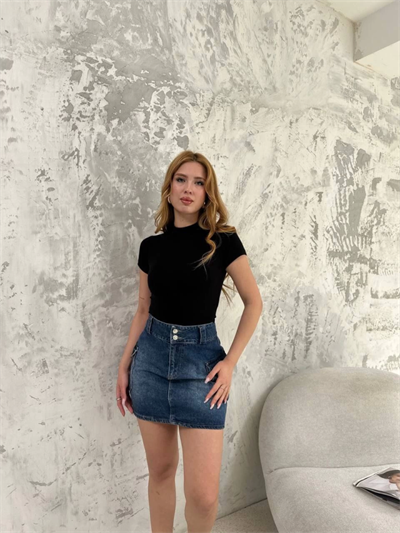 Kısa Kol Badi Bluz - Siyah