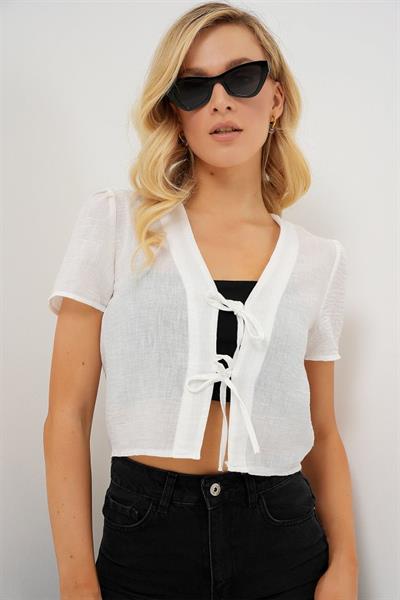 Kısa Kol Crop Bluz 958 - Beyaz