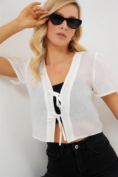 Kısa Kol Crop Bluz 958 - Beyaz