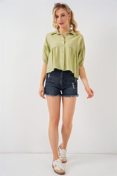 Kısa Kol Crop Gömlek 20335 - E.Yeşil
