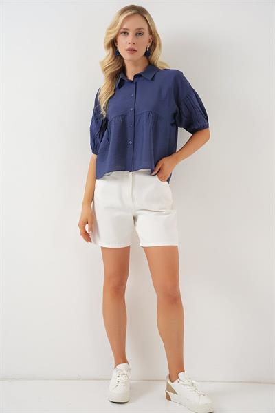 Kısa Kol Crop Gömlek 20335 - İndigo