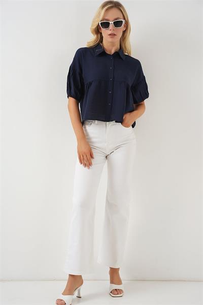 Kısa Kol Crop Gömlek 20335 - Lacivert
