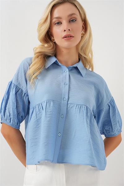 Kısa Kol Crop Gömlek 20335 - Mavi
