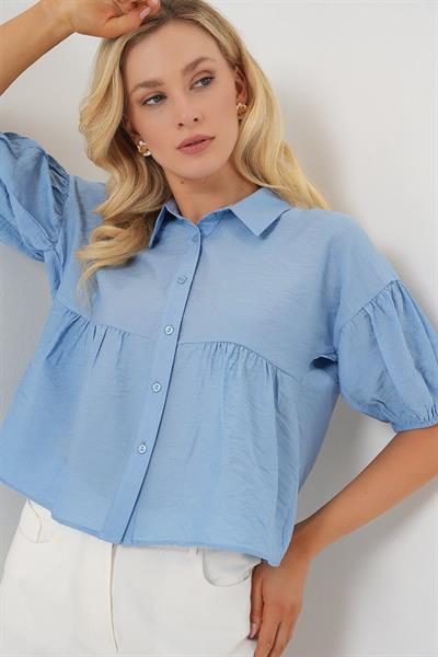 Kısa Kol Crop Gömlek 20335 - Mavi