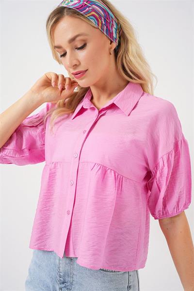 Kısa Kol Crop Gömlek 20335 - Pudra