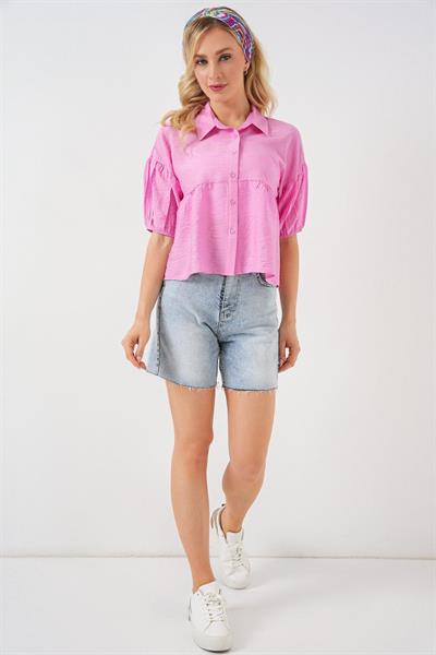 Kısa Kol Crop Gömlek 20335 - Pudra