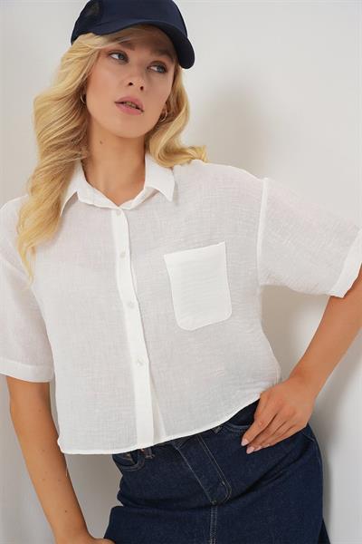 Kısa Kol Crop Gömlek 20341 - Beyaz