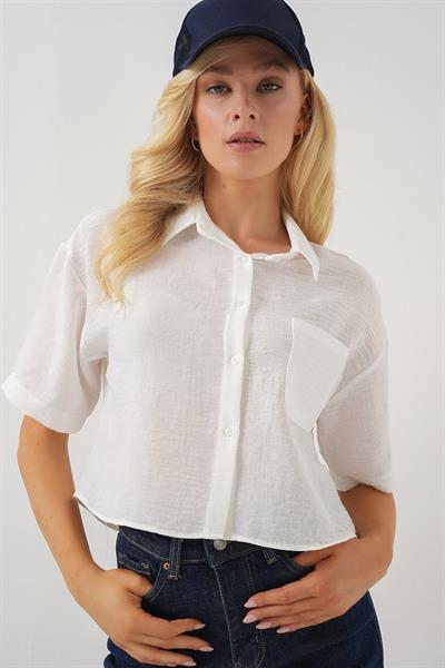 Kısa Kol Crop Gömlek 20341 - Beyaz