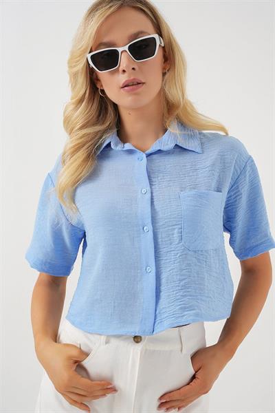Kısa Kol Crop Gömlek 20341 - Mavi