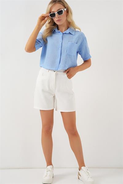 Kısa Kol Crop Gömlek 20341 - Mavi