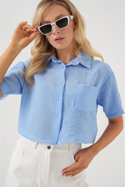 Kısa Kol Crop Gömlek 20341 - Mavi