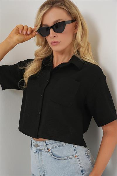 Kısa Kol Crop Gömlek 20341 - Siyah
