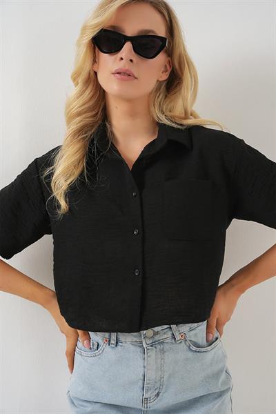 Kısa Kol Crop Gömlek 20341 - Siyah