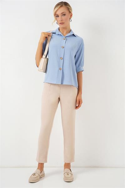 Kısa Kol Oversize Keten Gömlek 20240 - B.Mavi