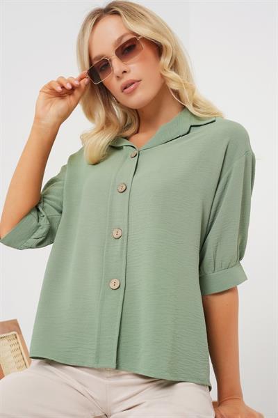 Kısa Kol Oversize Keten Gömlek 20240 - Çağla