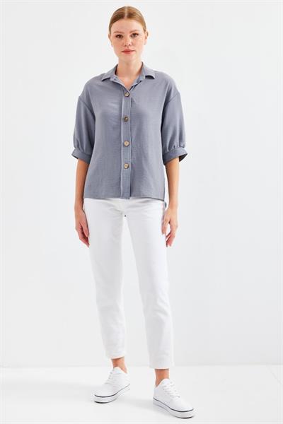 Kısa Kol Oversize Keten Gömlek 20240 - Gri