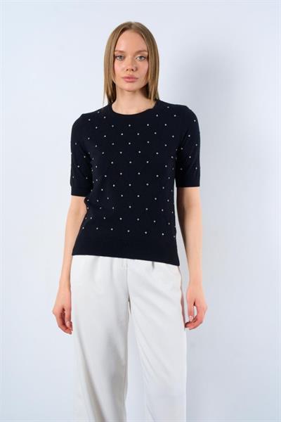 Kısa Kollu Taşlı Kazak - Siyah