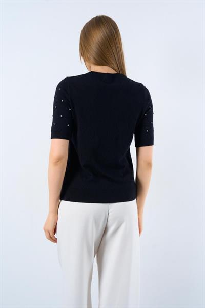 Kısa Kollu Taşlı Kazak - Siyah