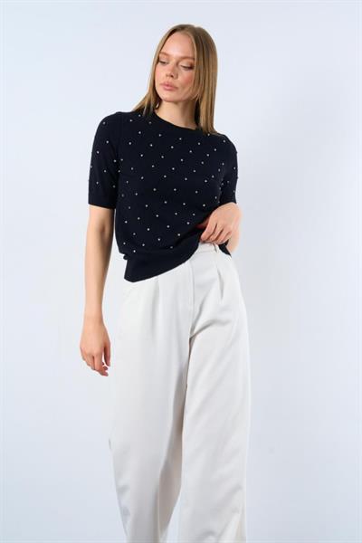 Kısa Kollu Taşlı Kazak - Siyah