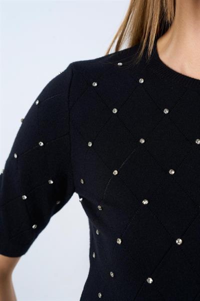 Kısa Kollu Taşlı Kazak - Siyah