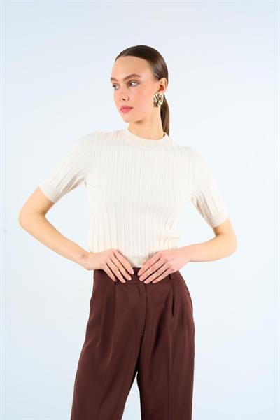 Kısa Kollu Tek Fitilli Kazak - Krem