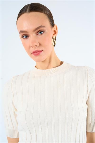 Kısa Kollu Tek Fitilli Kazak - Krem