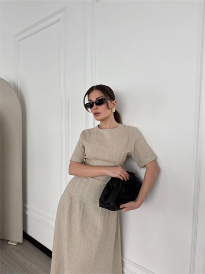 Kısa Kollu Uzun Elbise - Bej