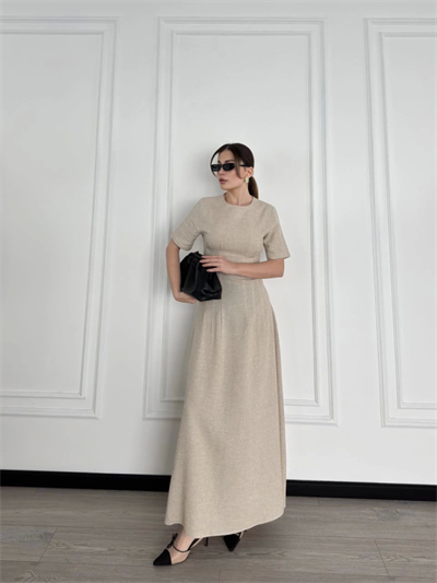 Kısa Kollu Uzun Elbise - Bej