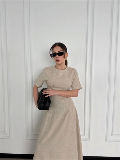 Kısa Kollu Uzun Elbise - Bej