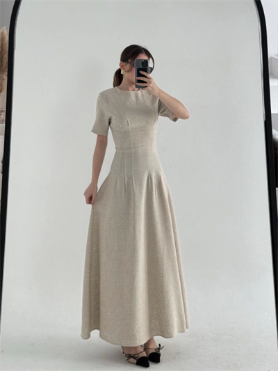 Kısa Kollu Uzun Elbise - Bej