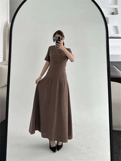 Kısa Kollu Uzun Elbise - Kahve