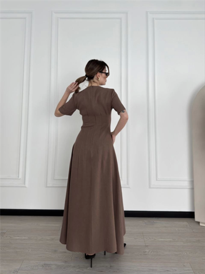 Kısa Kollu Uzun Elbise - Kahve
