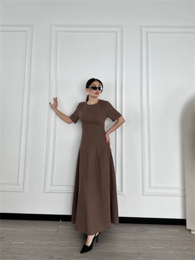 Kısa Kollu Uzun Elbise - Kahve