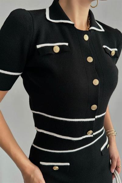 Kısa Triko Etekli Takım - Siyah-Krem