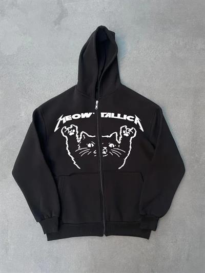 Kışlık Baskılı Fermuarlı Kapüşonlu Hırka - Siyah