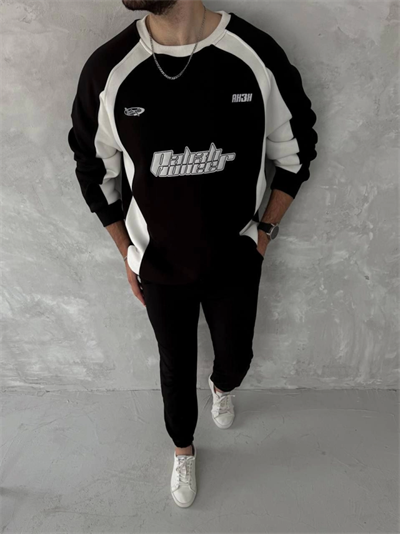 Kışlık Nakış İşlemeli Bisiklet Yaka Parçalı SweatShirt - Siyah