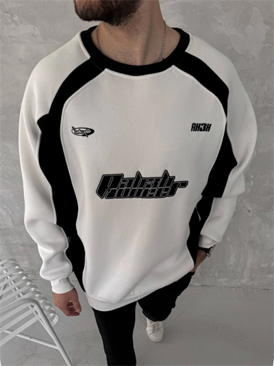 Kışlık Nakış İşlemeli Bisiklet Yaka Parçalı SweatShirt - Beyaz