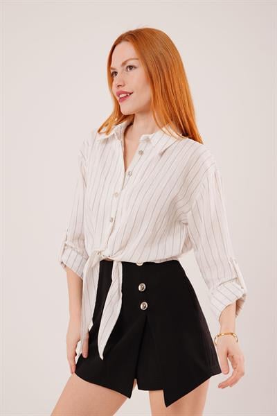 Kol Detaylı Bağlamalı Çizgili Beyaz Gömlek