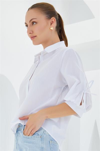 Kol Detaylı Beyaz Crop Gömlek 20246