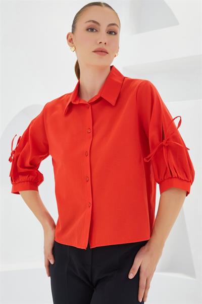 Kol Detaylı Kırmızı Crop Gömlek 20246