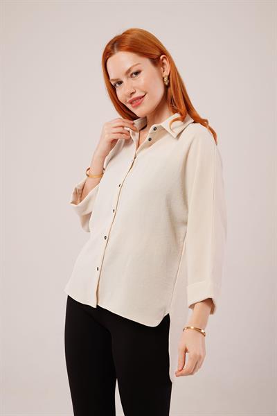 Kol Katlama Detaylı Bej Gömlek
