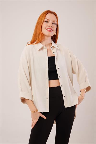 Kol Katlama Detaylı Bej Gömlek