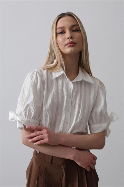 Kolları Bağlamalı Crop Gömlek - Ekru