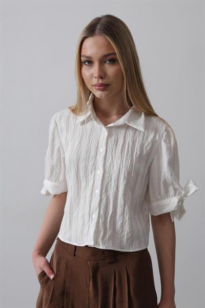 Kolları Bağlamalı Crop Gömlek - Ekru