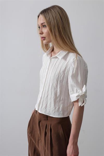 Kolları Bağlamalı Crop Gömlek - Ekru