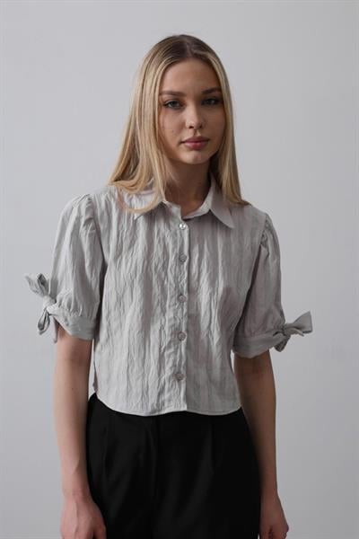 Kolları Bağlamalı Crop Gömlek - Gri
